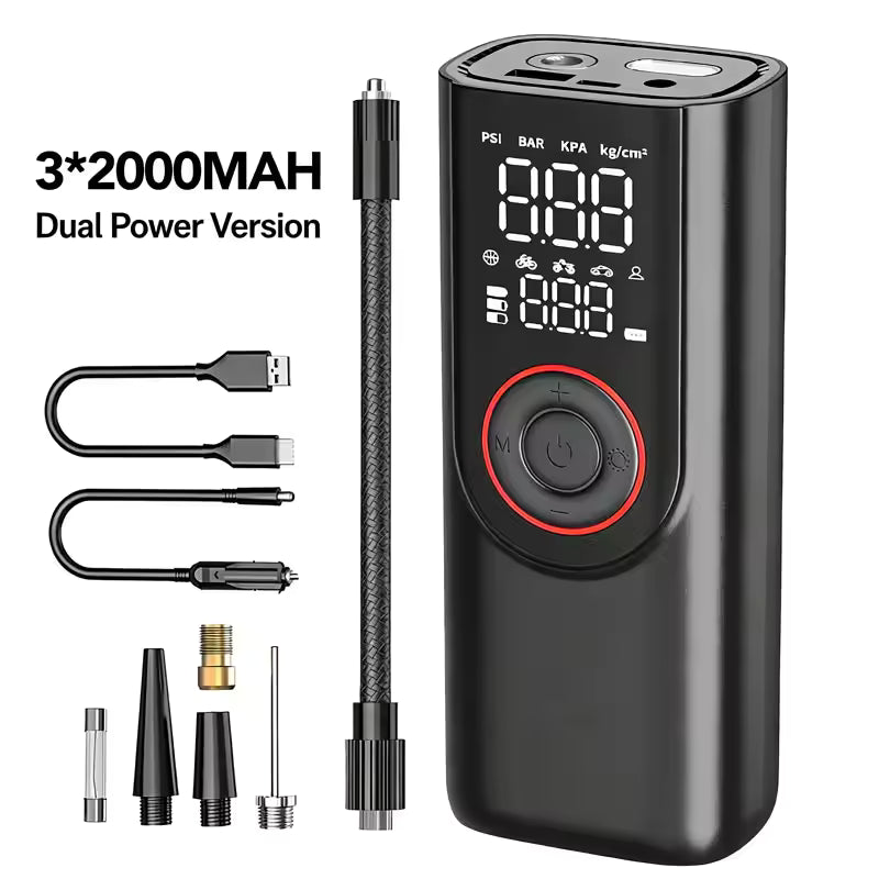 Portable Tire Inflator 6000mAh, 2-in-1 Air Pump & Power Bank with LED SOS Light Car Air Compressor For Bike, Motorcycle, Balls