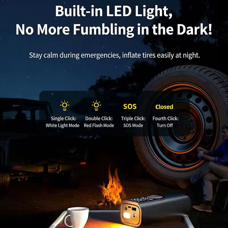 Portable Tire Inflator 6000mAh, 2-in-1 Air Pump & Power Bank with LED SOS Light Car Air Compressor For Bike, Motorcycle, Balls