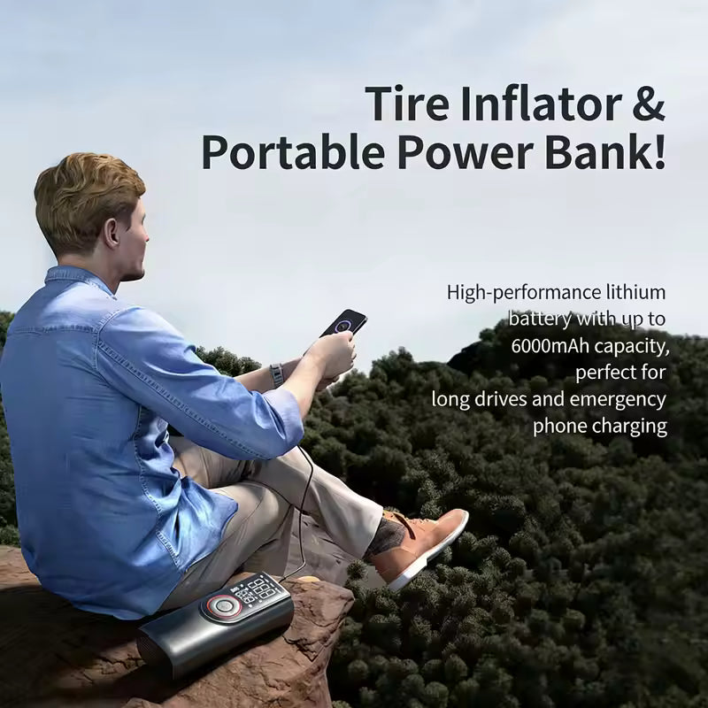Portable Tire Inflator 6000mAh, 2-in-1 Air Pump & Power Bank with LED SOS Light Car Air Compressor For Bike, Motorcycle, Balls