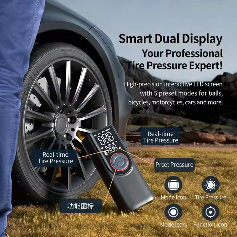 Portable Tire Inflator 6000mAh, 2-in-1 Air Pump & Power Bank with LED SOS Light Car Air Compressor For Bike, Motorcycle, Balls